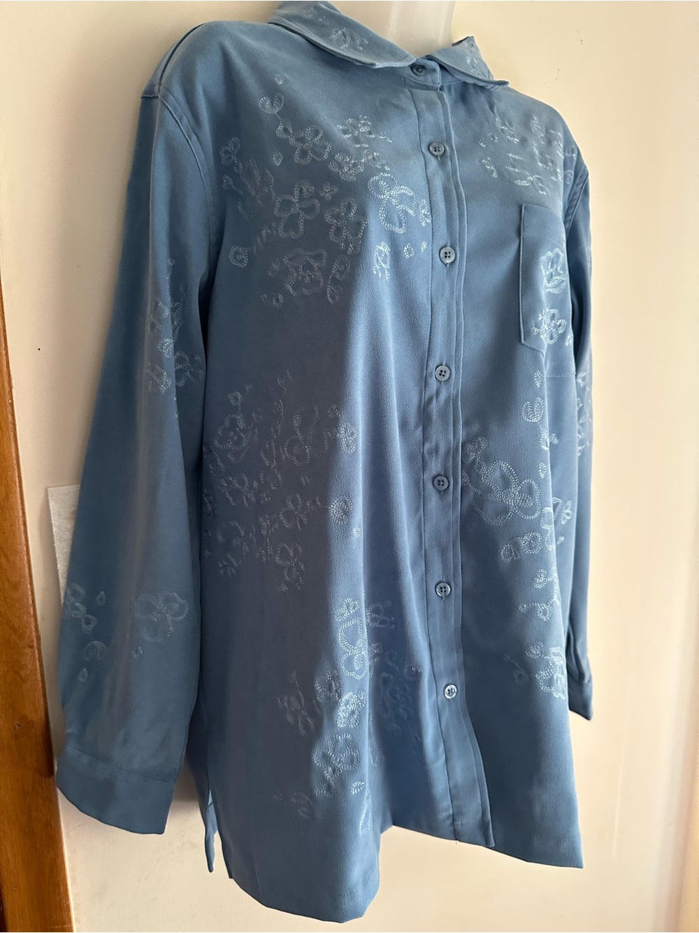 Denim & Co Dusty Blue Peached Embroidered Big Shirt L NWT